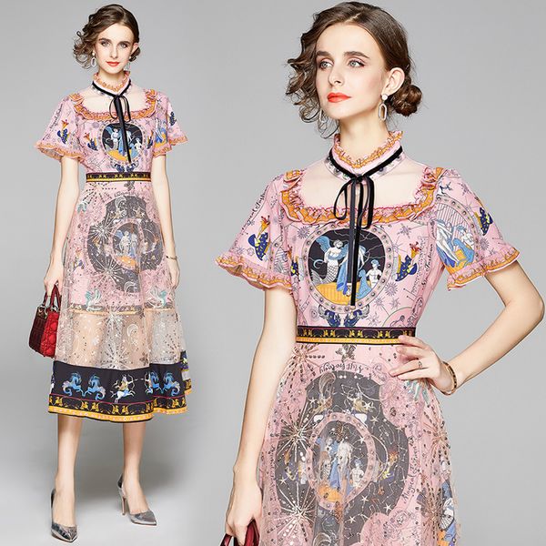 

Summer Mermaid Cartoon Print Patchwork Embroidery Mesh Sequined Dress Womens Flare Sleeve Bow Collar Star Moon Runway Dress, Black