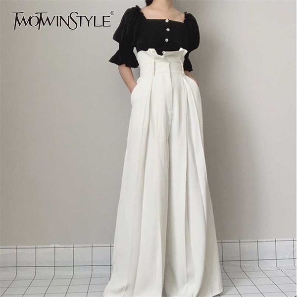 DwoTwinStyle Rugle High талия Широкие брюки ног женская мода Maxi брюки женщин повседневная одежда весна лето 211105