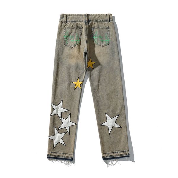 

men's jeans vintage high street jeans, male, with stars embroidered, casual, harajuku, straight, large, streetwear fpp1, Blue