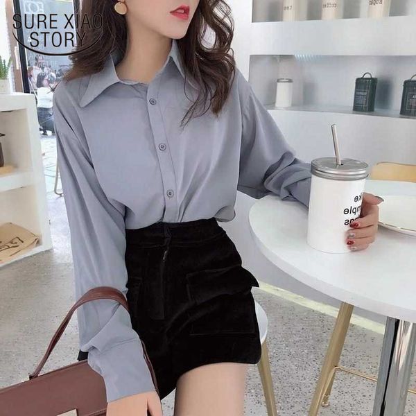 

women shirts womens and blouses korean clothing ol style loose blouse polo collar long sleeve casual feminine 8435 50 210417, White