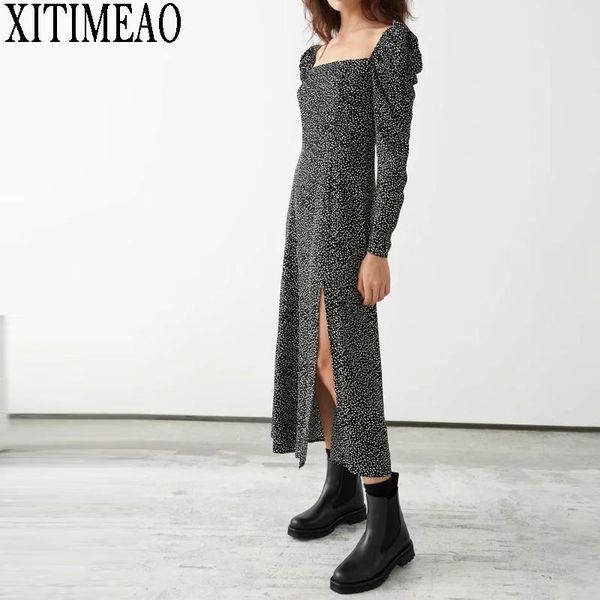 

autumn women dot printed dress long sleeve square neck high waist slim slit length party female fashion wear casual dresses, Black;gray