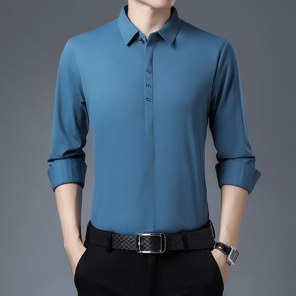 

2021 spring autumn men's long sleeved non ironing thin ice silk middle-aged and youth fashion solid color shirt, Black