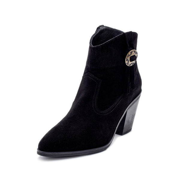 

women black suede heeled boots with a metal stylish accessory