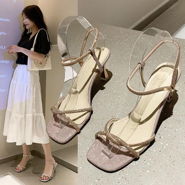 

sandals clear heels fashion womens shoes 2021 buckle strap cross rhinestone suit female beige luxury comfort high girls blac, Black