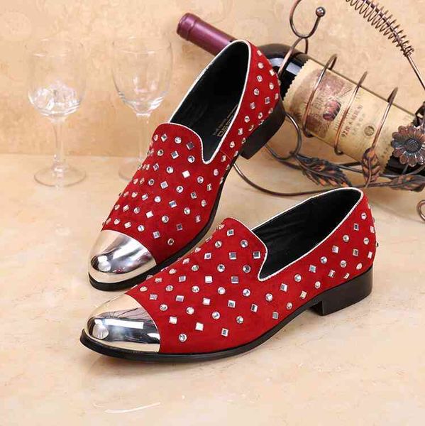 

designer british men black red leather flats casual loafers rivets prom formal dress punk wedding party shoes h236