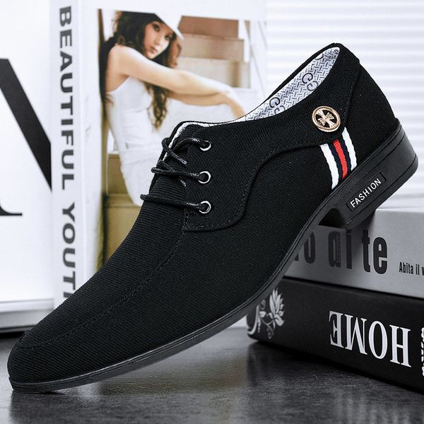 

large size leather shoes mens spring canvas cover breathable deodorant korean new casual canvas, Black