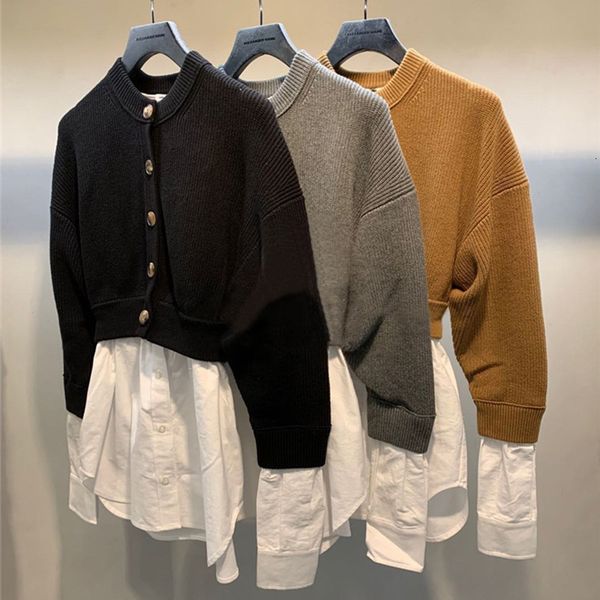 

sweaters women's stitching sweater fake two piece set o-neck long sleeve single breasted ealry autumn knitted cardigan, White;black