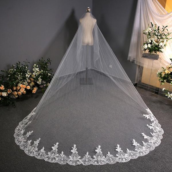 

bridal veils real po video 2021 summer design 3.8m one layer wedding veil lace edge cathedral, Black