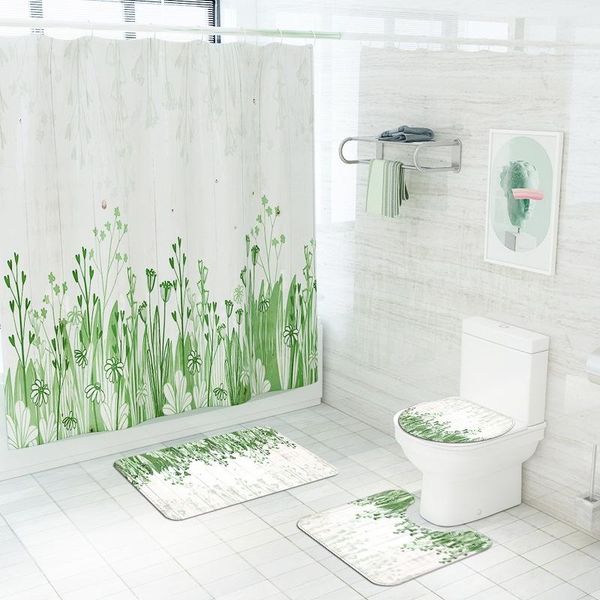 

nordic green glass shower curtain set non-slip bath mats rugs waterproof toilet cover bathroom decoration