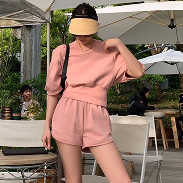 

two piece dress casual summer pieces cotton sets women short sleeve high waist sweatshirt tracksuit shorts set solid outfits hoodi, White