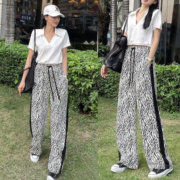 

women's two piece pants women 's suit summer pure cotton zebra print high waist thin wide-legged short for, White