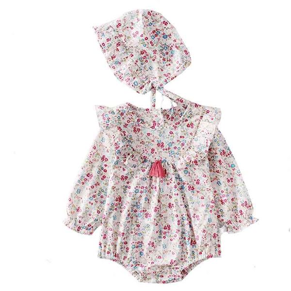 

0-3yrs girl's spring girl bodysuits flowers tassel long sleeve cotton one-piece clothes + hat baby twin bodysuit 210417, Blue