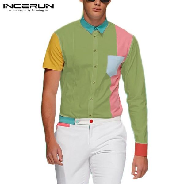 

man button up camisa incerun fashion patchwork shirts mens turn down collar pocket chemise irregular color stitching blusas 3xl men's c, White;black