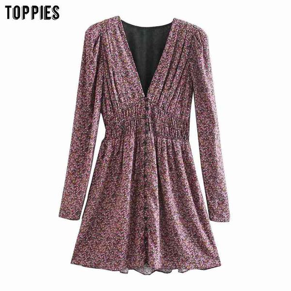 

ies fashion floral printing slim mini dress woman long sleeve v-neck a-line dress elastic waist female clothes 210412, Black;gray