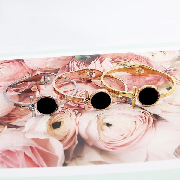

bangle brand big circle shell and enamel woman bracelet & stainless steel spring open for women, Black