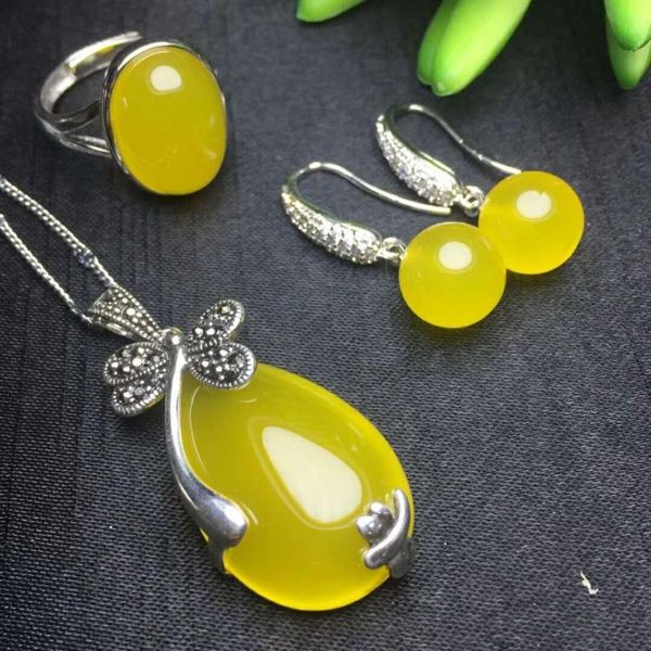 

bracelet, earrings & necklace c39#925 silver inlaid natural chalcedony set, the jade face is clean and translucent, Black