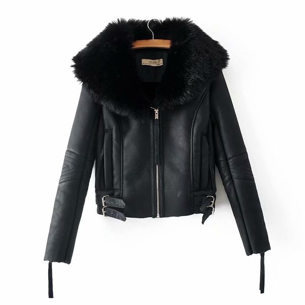 Moda Mulheres Faux Lode Lã de Lã De Couro De Couro De Couro Inverno Streetwear Senhora Preto Outerwear com gola macia legal feminina ternos 210430