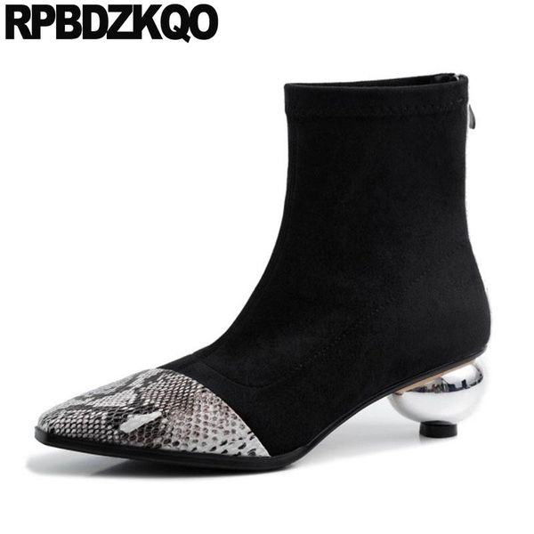 

boots patchwork fall women chunky winter ankle suede snakeskin shoes snake metal heel autumn block pointed toe fur high quality, Black