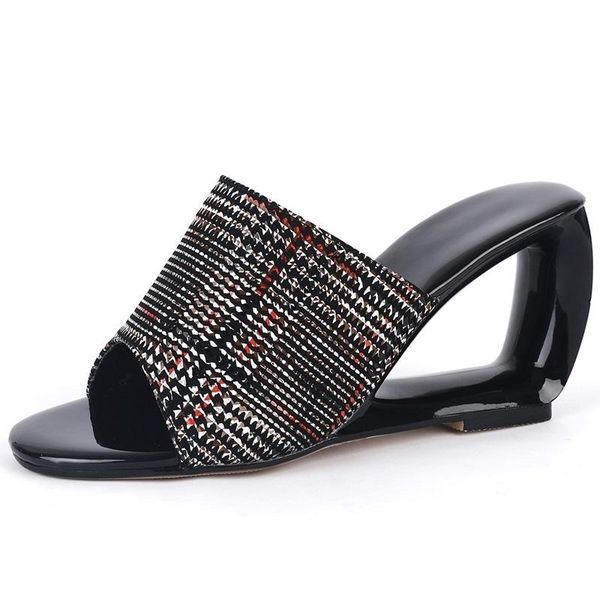 

bling slippers women fashion heels brand shoes open toe summer hollow heel mules wedges outside leather slides solides, Black