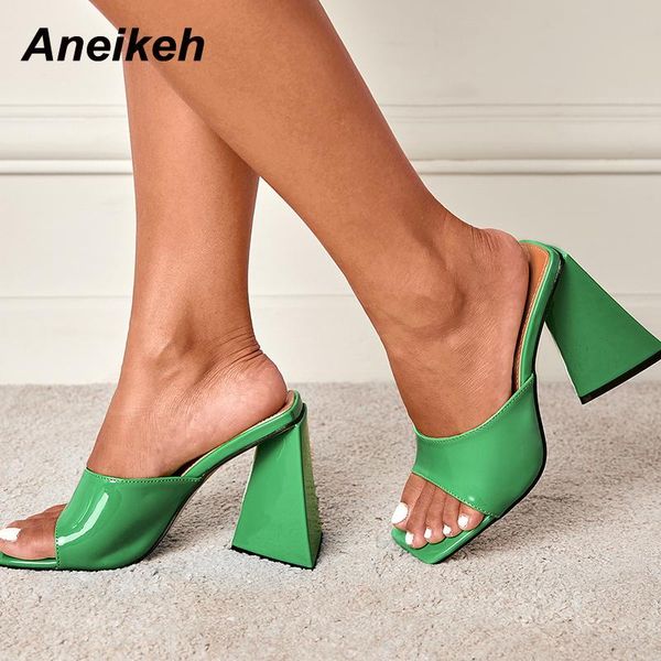 

slippers aneikeh women shoes summer green solid squared heels shallow patent leather slides concise elegant fashion party, Black