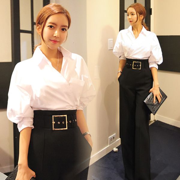 

women's two piece pants fashion women suit runway bat sleeve irregular shirt +long trousers button embroidery set ladies two, White