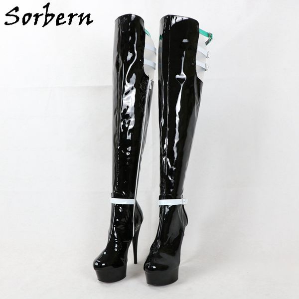 

sorbern 15cm over the knee boots women pole dance stripper heels ankle straps open back custom colors boot desgined by customer, Black