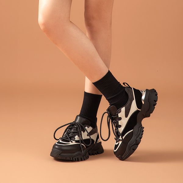 

dress shoes chunky sneakers women leather trainers patchwork round toe lace up lady platform shoes handmade 29395, Black