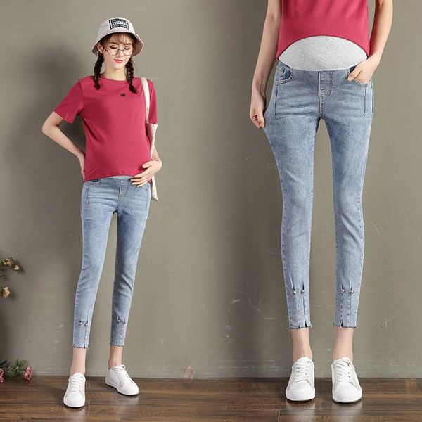 

maternity bottoms 2021 pregnant women slim jeans spring fashion skinny pencil pants elegant wholesale denim turnip trousers, White