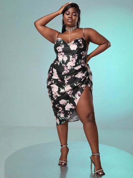 

sxy plus floral print ruched wrap satin cami dress t10a#, Black