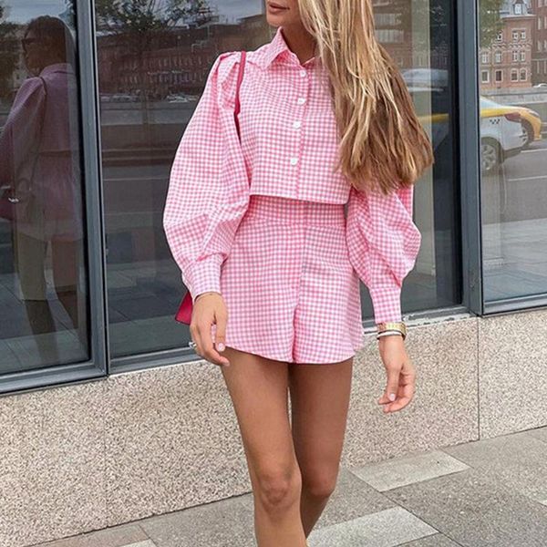 

women's tracksuits ladies streetwear fashion suit for autumn spring plaid women long sleeve single-breasted lapel shirt +shorts 2021, Gray