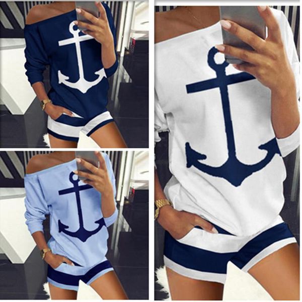 

women's tracksuits 2021 european and american t-shirt shorts suit navy anchor printing two-piece, Gray