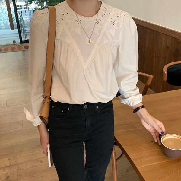 

women's blouses & shirts spring autumn sweet hollow embroidery flower o neck lace long sleeve women blouse beige white