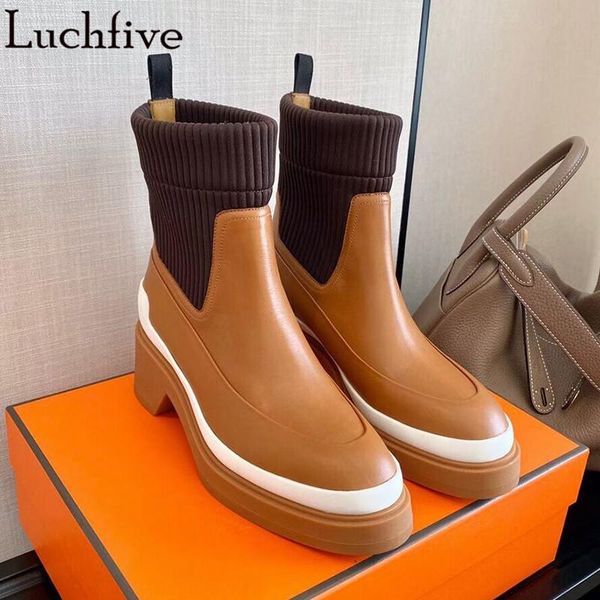

boots high-quality genuine leather ankle women brown black round toe chunky heel knitted short elastic socks woman