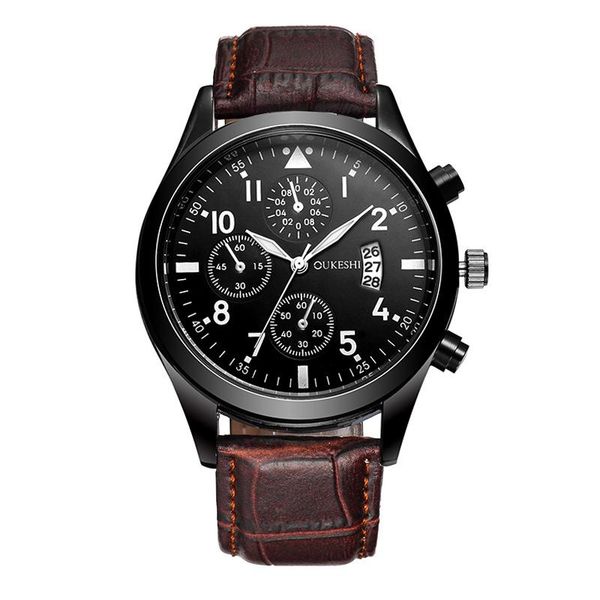 

alloy case luxury watch men business comfortable leather strap calendar wristwatch three-eyes military quartz casual clock wristwatches, Slivery;brown