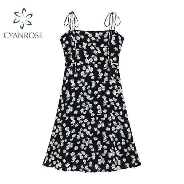 

daisy print elegant slim dress women summer sleeveless spaghetti strap dresses korean sweet mori girl ins vestidos 210430, Black;gray