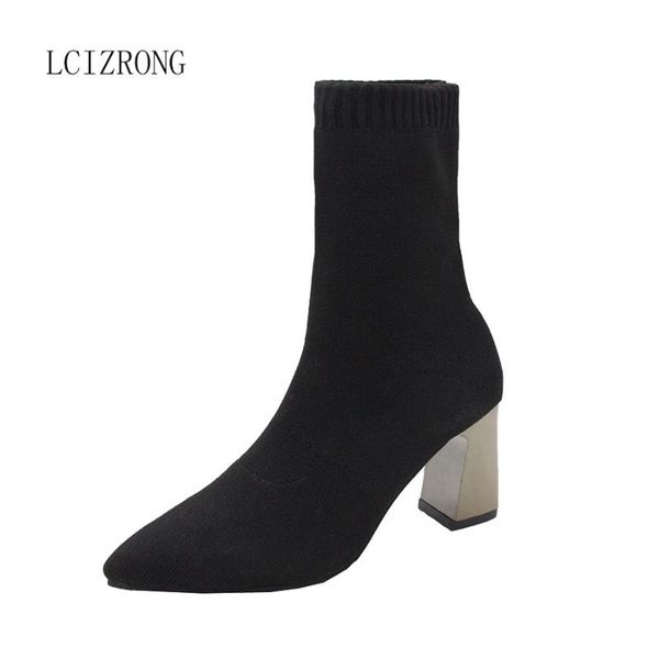 

boots lcizrong women pointed toe elastic cloth ankle thick heel high heels shoes woman socks 2021 spring autumn, Black