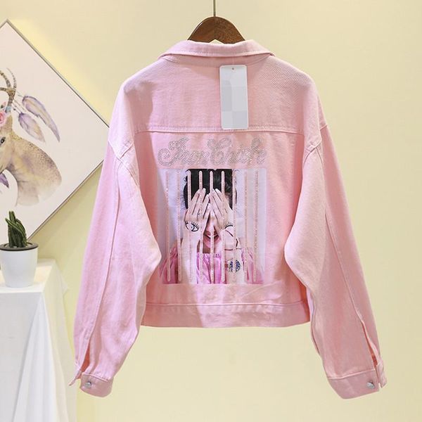 

women's jackets fashion pink white yellow denim jacket women long sleeve print drill loose short jeans coat ladies student outerwear, Black;brown