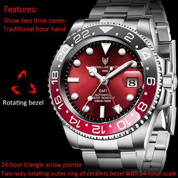 

wristwatches lige design men gmt automatic mechanical watch ceramic bezel 316l stainless steel 100atm waterproof clock sapphire glass watche, Slivery;brown