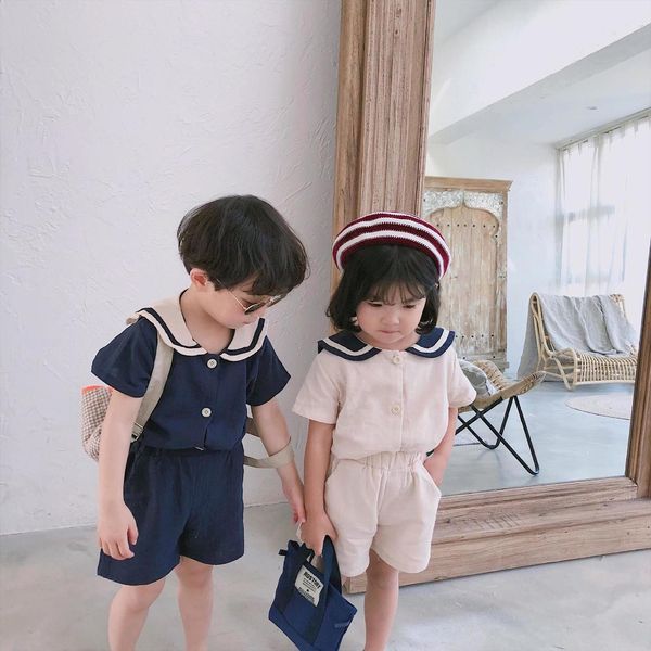 

japanese style summer boys girls fashion kindergarten clothes sets kids cotton linen soft sailor collar t shirt and shorts 2pcs, White