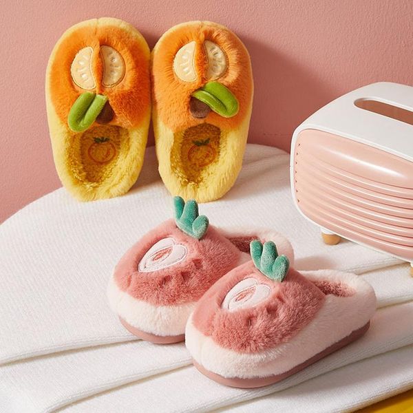 

slipper 2021 winter cute cartoon fruit slippers for children baby warm faux fur shoes boys and girls house indoor plush slides, Black;grey