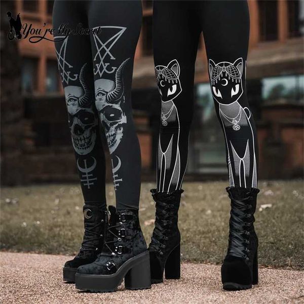 

[you're my secret] gothic leggings for women ouija workout pants dark grunge black cat skull leggins devil satan legins 211218