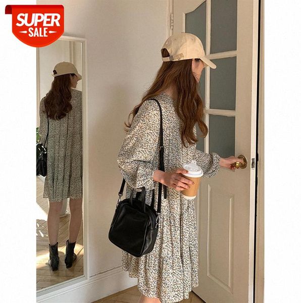

tg retro floral dress female korean round neck chiffon loose pleated skirt 13326 #lx5p, Black;gray
