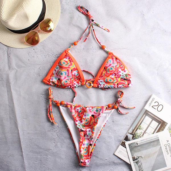 

one-piece suits women's tie side bottom triangle bikini bathing printed 2 pieces swimsuits padded bandage swimwear