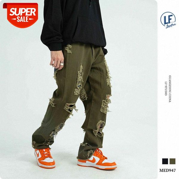 

lawfoo men's casual pants with letter embroidery scratched holes #4577, Black