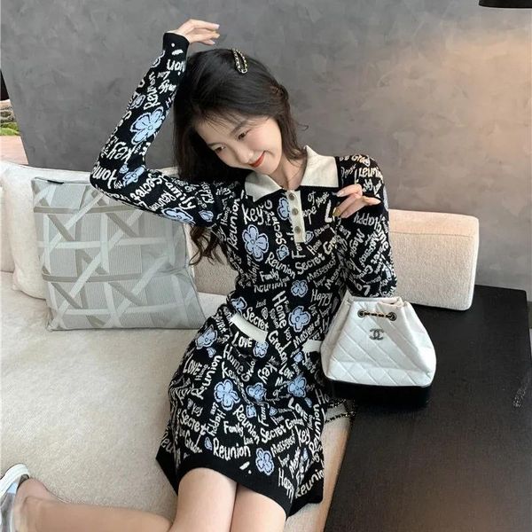 

casual dresses tsxt long sleeve knit dress 2021 women's autumn design sense slim black, Black;gray