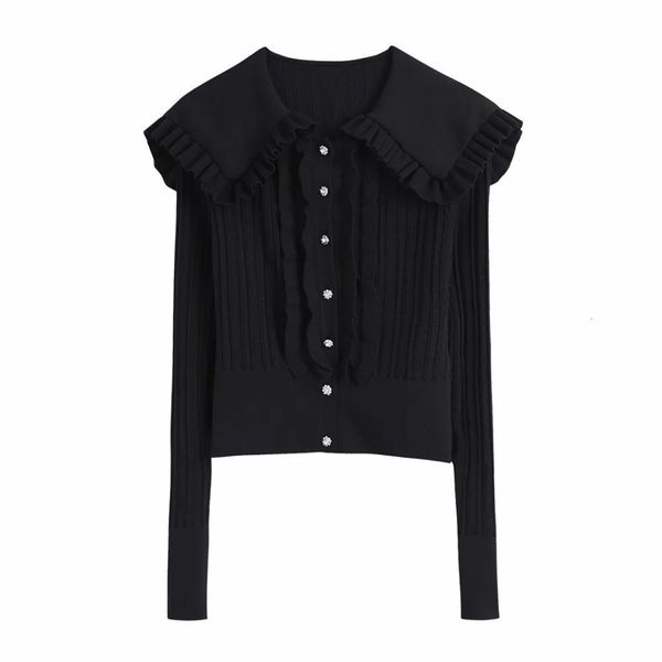 

sweaters fall winter women pointelle knit cardigan long sleeves peter pan collar rhinestone buttons woman knitted, White;black