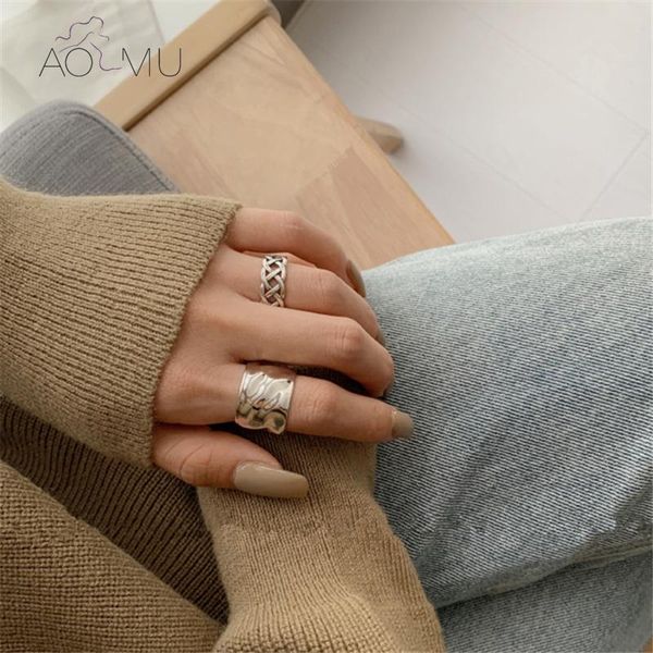 

cluster rings aomu 2021 s925 silver punk irregular wide wave distortion chain cutout glossy opening finger for women party jewelry, Golden;silver