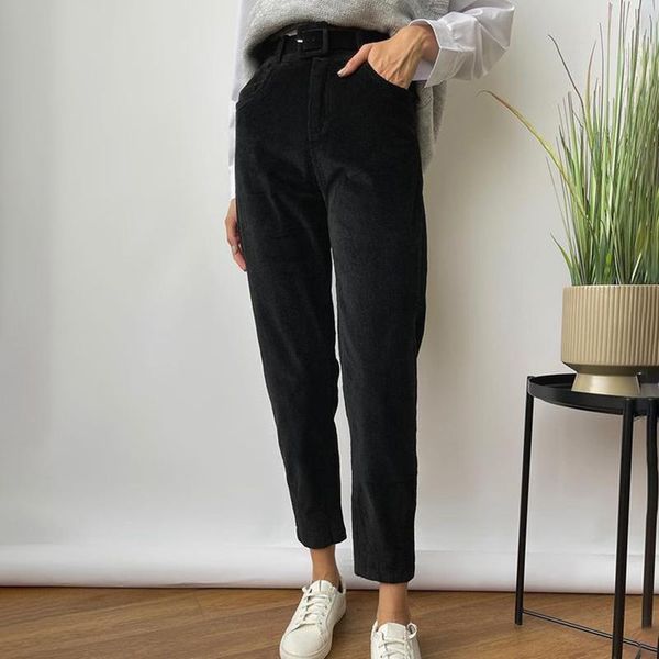

women's pants & capris yana fashion loose solid women elegant casual corduroy comfortable trousers pockets ankle length pencil ladies, Black;white