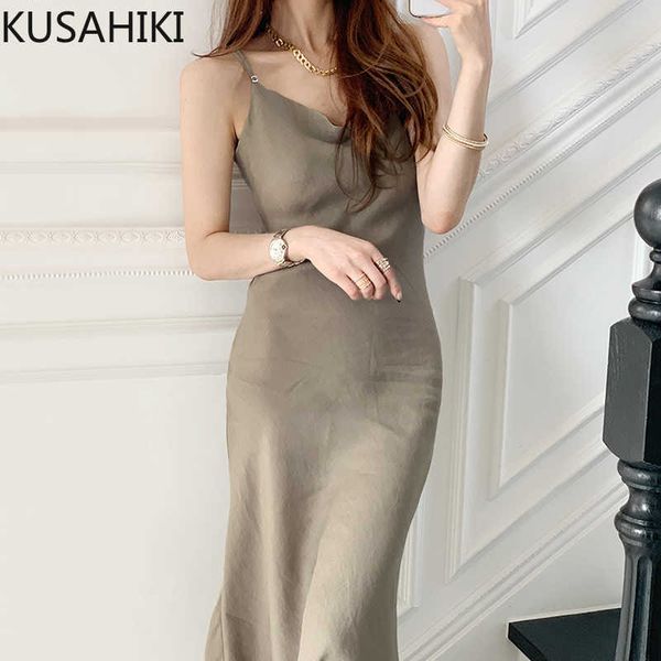 

elegant slim women basic sling dress summer sleeveless v-neck spaghetti strap dresses causal solid vestidos 6h306 210603, Black;gray