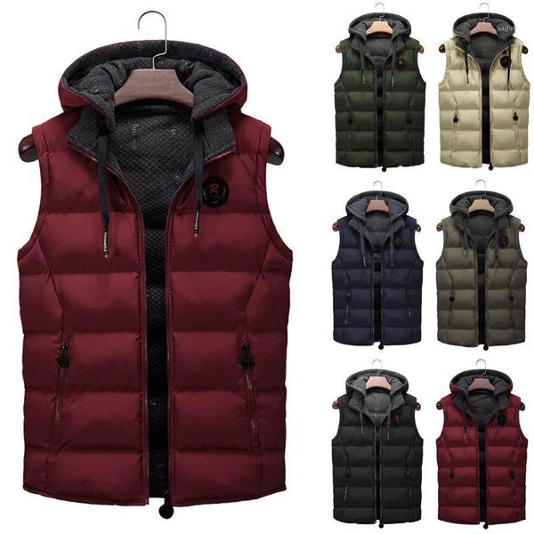 

men's jackets fashion men casual solid colors winter warm hooded zipper sleeveless cotton vest jacket coat outwear plus size waistcoat, Black;brown